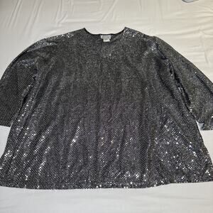 Joanna VTG Womens 3X Silver All Over Sequin Boxy Pullover Top V Neck Blouse EUC